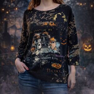 Jane Ashley Womens Halloween Top Sz M Beaded Haunted House Ghost Pumpkin Witchy